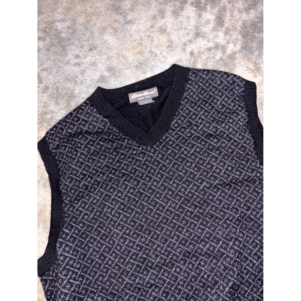 Vintage Eddie Bauer Vest Sweater Mens L Black Merino Wool Cross Hatched Lattice